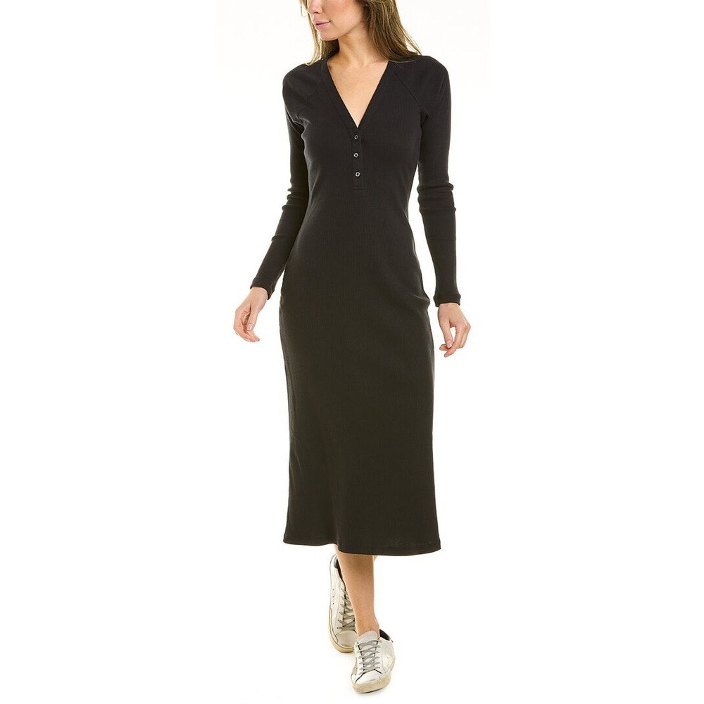 STANDARD JAMES PERSE Black Ribbed Henley Long Sleeve Midi Dress Size‎ 0